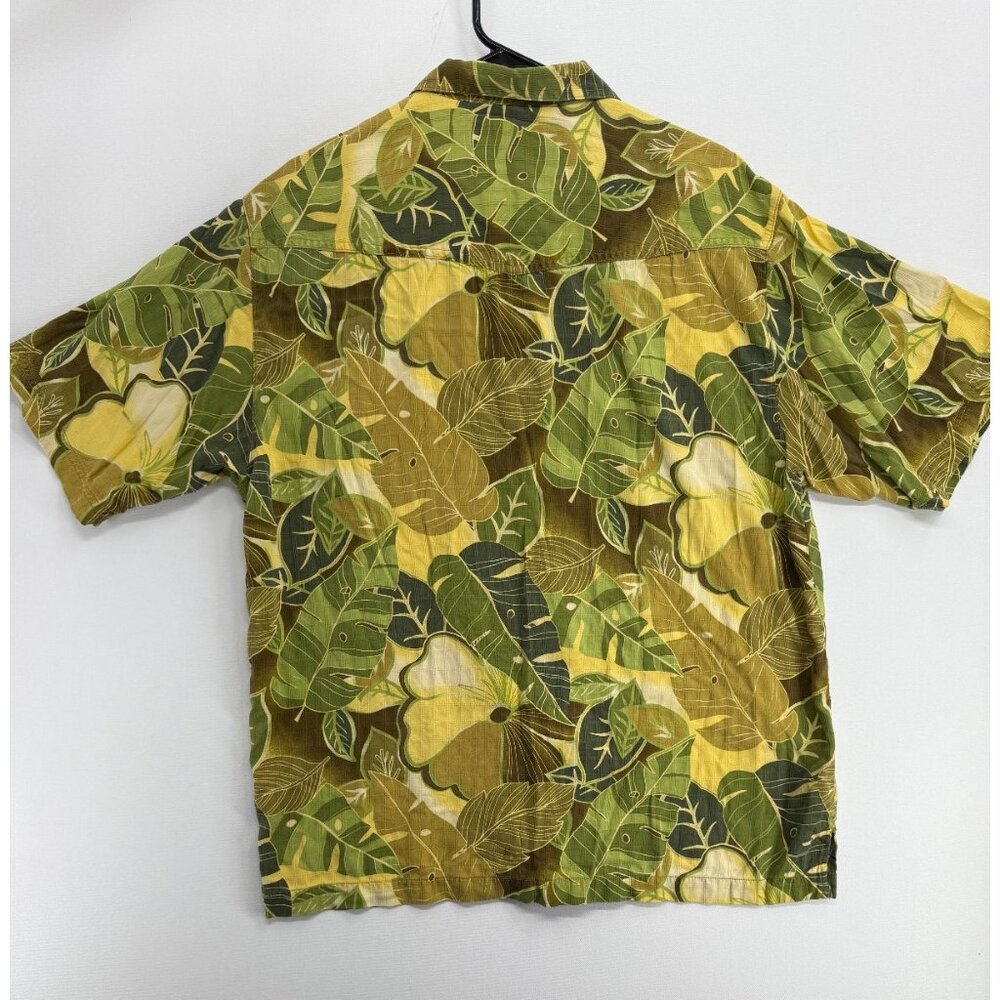 Tommy Bahama Silk Hawaiian Shirt Mens L Leaf AOP Nature Camp